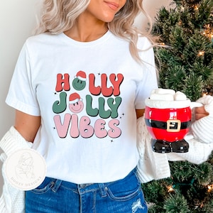 Holly Jolly Vibes Retro Groovy Christmas Shirt, Christmas Shirt for Women, Smiley Face Christmas Shirt, Christmas Tee Shirts