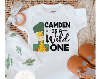 Safari First Birthday Onesie ®, Wild One Birthday Boy or Girl, Personalized Giraffe Birthday Shirt with Name,  Zoo Theme Birthday Outfit