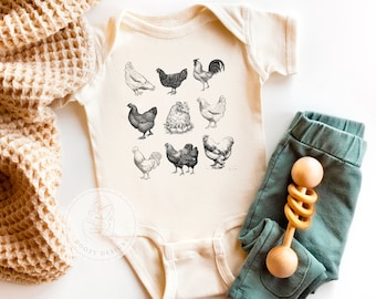 Chicken Baby Romper, Boho Beige Bodysuit, Vintage Chicken Print, Farm Baby Shower Gift, Gender Neutral Baby Clothes