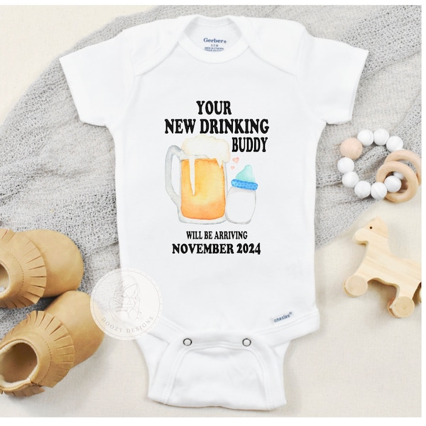 Drinking Buddy Onesies ®, Beer Pregnancy Announcement to Grandpa Husband Dad Uncle, Personalized Pregnacy Reveal