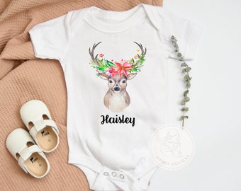 Baby Girl Personalized Bodysuit with name, Deer Shirt for Girl, Boho Baby Girl Clothes, Floral Deer Antlers. Oh Deer