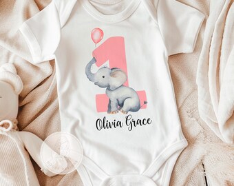 ゾウ柄ベビーネームボディスーツ - 1歳の誕生日女の子用衣装 - 1歳の誕生日シャツ - ケーキスマッシュ衣装 - 女の子の誕生日プレゼント