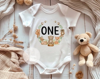 Bos eerste verjaardag outfit, bos verjaardag romper of shirt, bos dieren thema verjaardagsfeestje voor babyjongen of meisje