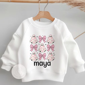 Ghost and Bows Halloween Sweatshirt for Toddler Girls - Coquette Halloween Tee Shirt - Personalized Halloween Shirts for Kids