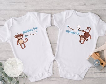 Twin Bodysuits Set, Monkey See Monkey Do, Funny Monkey Twin Shirts, Cute Twin Baby Outfits, Cute Funny Twin Gifts