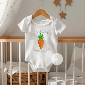 Locally Grown Bodysuit, Plant Vegan Baby Gift, Carrot Vegetable Baby Clothes, Gardening Baby Shower Gifts