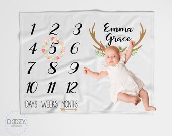 Month to Month Baby Blanket, Baby Growth Blanket, Milestone Blanket, Deer Antler Blanket, Blanket With Name, Custom Baby Shower Gift