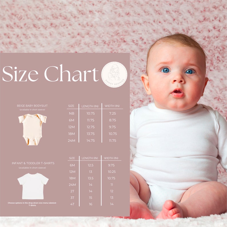 Pode incluir: Tabela de tamanhos para bodies de beb&ecirc; bege e camisetas para beb&ecirc;s e crian&ccedil;as pequenas. A tabela mostra os tamanhos desde rec&eacute;m-nascido at&eacute; 4T e inclui as medidas em polegadas para o comprimento e a largura.