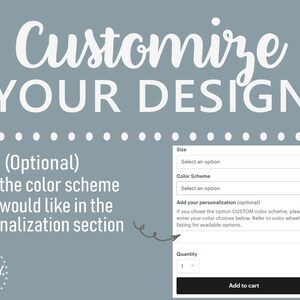 May include: A blue and white graphic with the text "Customize Your Design" and a screenshot of a product customization form. The form includes options for size, color scheme, personalization, quantity, and adding the item to a cart.