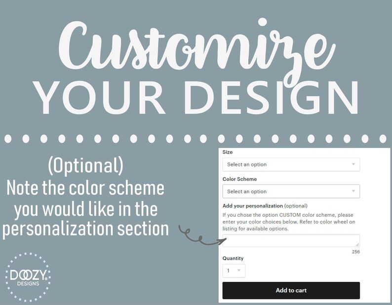 May include: A blue and white graphic with the text "Customize Your Design" and a screenshot of a product customization form. The form includes options for size, color scheme, personalization, quantity, and adding the item to a cart.