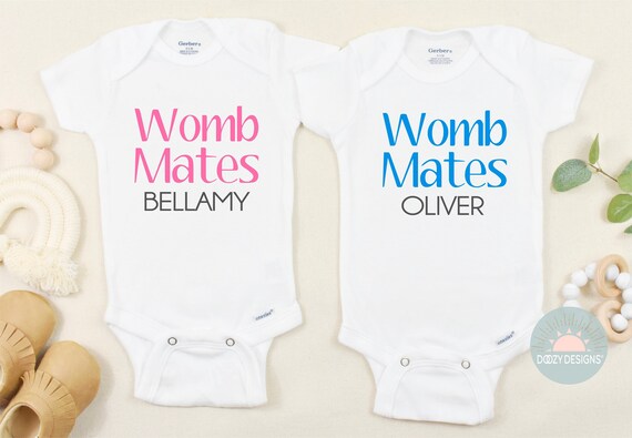 Womb Mates Onesies, Twin Baby Gift, Personalized Twin Outfits