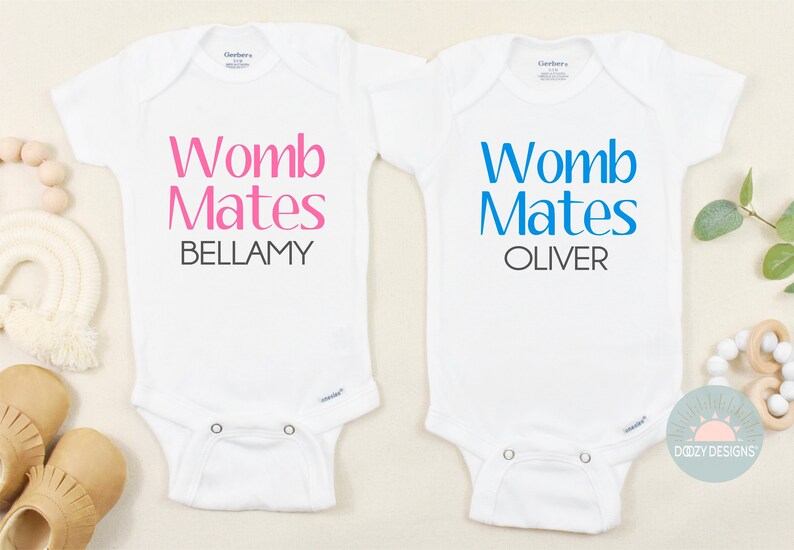 Womb Mates Onesies, Twin Baby Gift, Personalized Twin Outfits image 1