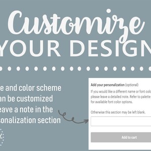 Pode incluir: Um fundo azul claro com texto branco que diz "Customize YOUR DESIGN". Abaixo do texto h&aacute; uma linha pontilhada branca. Abaixo da linha pontilhada h&aacute; uma caixa de texto branca com o texto "Name and color scheme can be customized. Leave a note in the personalization section." Abaixo da caixa de texto h&aacute; um c&iacute;rculo branco com o texto "DOZY: DESIGNS". Abaixo do c&iacute;rculo h&aacute; uma caixa de texto branca com o texto "Add your personalization (optional)". Abaixo da caixa de texto h&aacute; uma caixa de texto branca com o texto "If you would like a different name or font color scheme, please leave a detailed note. Refer to palette on listing for available font color options. Otherwise this section may be left blank." Abaixo da caixa de texto h&aacute; um bot&atilde;o branco com o texto "Add to cart".