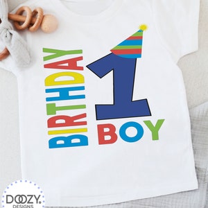 May include: White short-sleeved t-shirt with a blue number one wearing a multi-colored party hat. The text "Birthday Boy" is written in colorful letters.