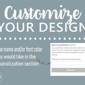 May include: A light blue background with white text that says "Customize Your Design". Below the text is a dotted line and a white box with the text "Add your personalization (optional)". The box has a text field and a button that says "Add to cart".