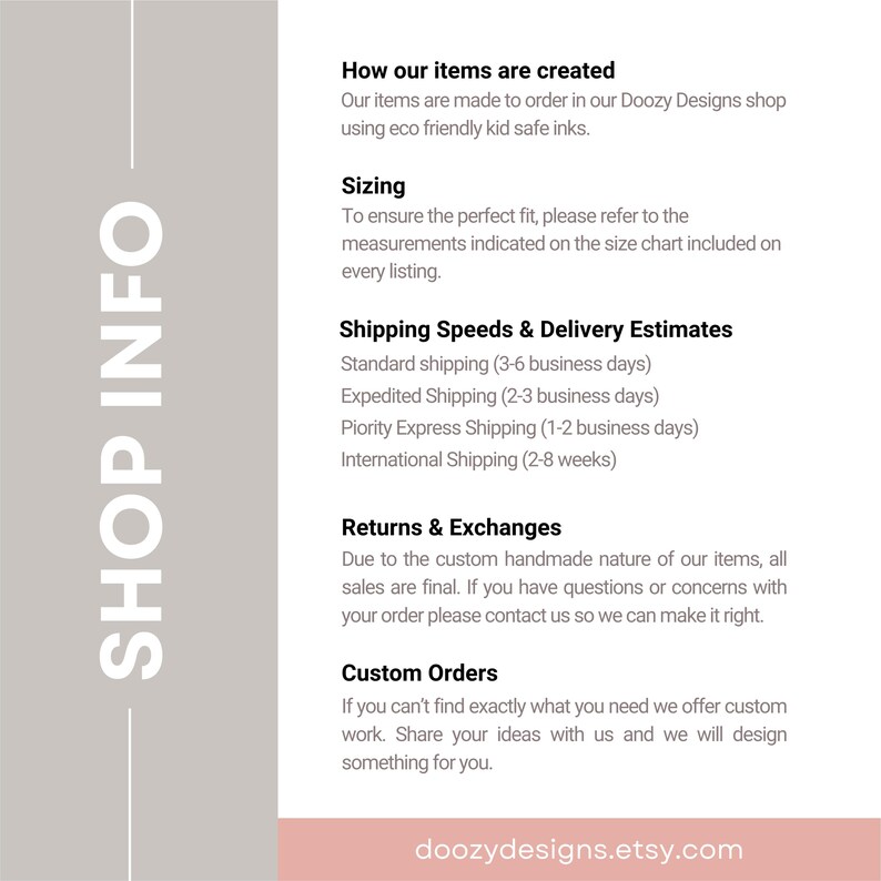 Pode incluir: Informa&ccedil;&otilde;es da loja para Doozy Designs, uma loja Etsy que cria itens personalizados feitos &agrave; m&atilde;o. O texto inclui informa&ccedil;&otilde;es sobre o tamanho, as velocidades de envio e as estimativas de entrega, as devolu&ccedil;&otilde;es e as trocas, e os pedidos personalizados. O texto tamb&eacute;m inclui o endere&ccedil;o do site da loja: doozydesigns.etsy.com.