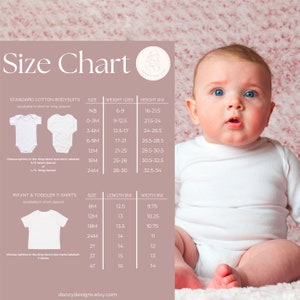 May include: Size chart for baby and toddler clothing. The chart shows sizes from newborn to 4T, with corresponding weight, height, length, and width measurements in inches. The chart is printed on a pink background with a white border.