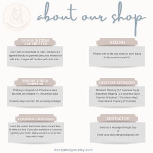 May include: A light grey and white graphic with the text "about our shop" in a handwritten font. The graphic is divided into six sections, each with a different heading and text. The headings are "How Our Items Are Created", "Sizing", "Production & Shipping", "Delivery Estimates", "Returns & Exchanges", and "Contact Us".