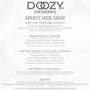May include: A white background with black text outlining the production and shipping times for clothing and blankets. The text reads "Production & Shipping (Production time is subject to change during holiday seasons) Clothing is shipped within 1-2 business days. Blankets are shipped within 3-6 business days. In most cases we strive to ship same business day when possible." The text also outlines shipping speeds and delivery estimates, returns and exchanges, and sizing information.