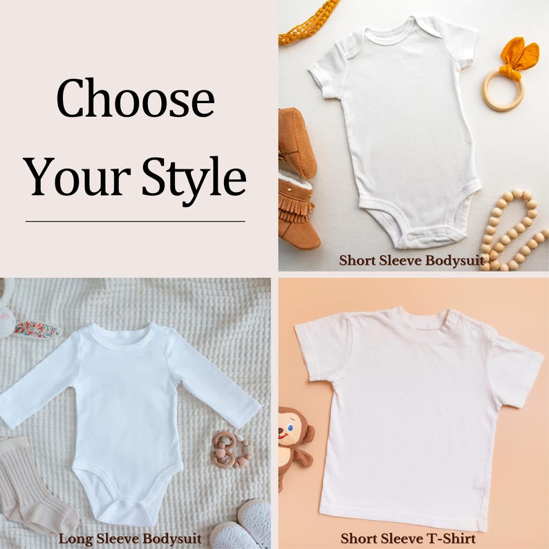 Op de afbeelding: Kies uw stijl: Drie witte baby-rompers, &eacute;&eacute;n met lange mouwen, &eacute;&eacute;n met korte mouwen en &eacute;&eacute;n T-shirt met korte mouwen.