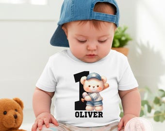 Custom Baseball Bear First Birthday Bodysuit – Personalized Name Shirt