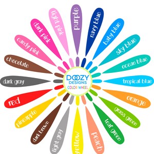 May include: A color wheel with 18 different color options for font and/or design. The color wheel is labeled "Dozy Designs Color Wheel". The text "Color options are for font and/or design. Bodysuits and tshirts come in white only." is displayed above the color wheel. The text "DISCLAIMER: Please be aware that all monitors are different. Color shades may vary and are not intended to be an exact match." is displayed below the color wheel.
