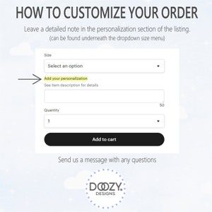 May include: A screenshot of an online store's product customization page. The page has a dropdown menu for selecting a size, a text box for adding personalization, a dropdown menu for selecting quantity, and a button that says "Add to cart".