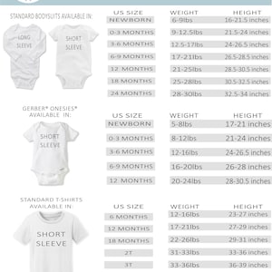Pode incluir: Tabela de tamanhos para roupas de beb&ecirc;, mostrando os tamanhos dos EUA, o peso em libras e a altura em polegadas. A tabela inclui tamanhos para rec&eacute;m-nascidos, 0-3 meses, 3-6 meses, 6-9 meses, 12 meses, 18 meses e 24 meses. A tabela tamb&eacute;m inclui tamanhos para bodies Gerber&reg; e camisetas padr&atilde;o.