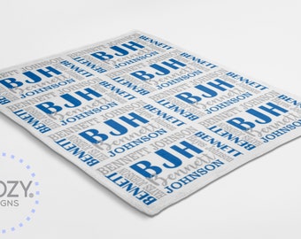 May include: A white blanket with a blue and gray pattern of the names "Bennett" and "Johnson" repeated throughout. The initials "BJH" are also repeated in a larger blue font.