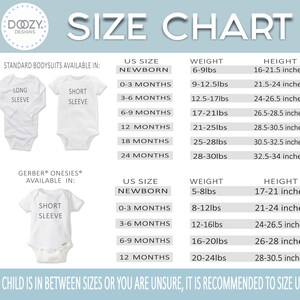 May include: Size chart for baby onesies, showing US sizes, weight in pounds, and height in inches. The chart includes two types of onesies: standard bodysuits and Gerber&reg; onesies. The chart shows sizes from newborn to 24 months.