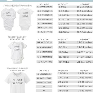 May include: Size chart for baby clothes, showing US sizes, weight in pounds, and height in inches. The chart includes sizes for newborn, 0-3 months, 3-6 months, 6-9 months, 12 months, 18 months, and 24 months. The chart also includes sizes for Gerber&reg; onesies&reg; and standard t-shirts.