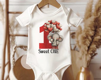 Sweet One Elephant First Birthday Bodysuit – Valentine’s Day Baby Birthday Shirt