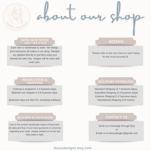 May include: A light pink and white graphic with the text "about our shop" in a light blue cursive font. The graphic is divided into six sections, each with a different heading and text. The headings are "How Our Items Are Created", "Sizing", "Production & Shipping", "Delivery Estimates", "Returns & Exchanges", and "Contact Us".