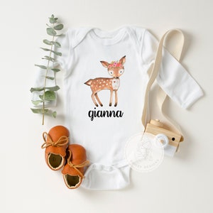 Personalized Baby Girl Bodysuit with name, Deer Shirt for Toddler Girl, Custom Woodland Baby Shower Gifts, Boho Baby Girl Clothes image 2