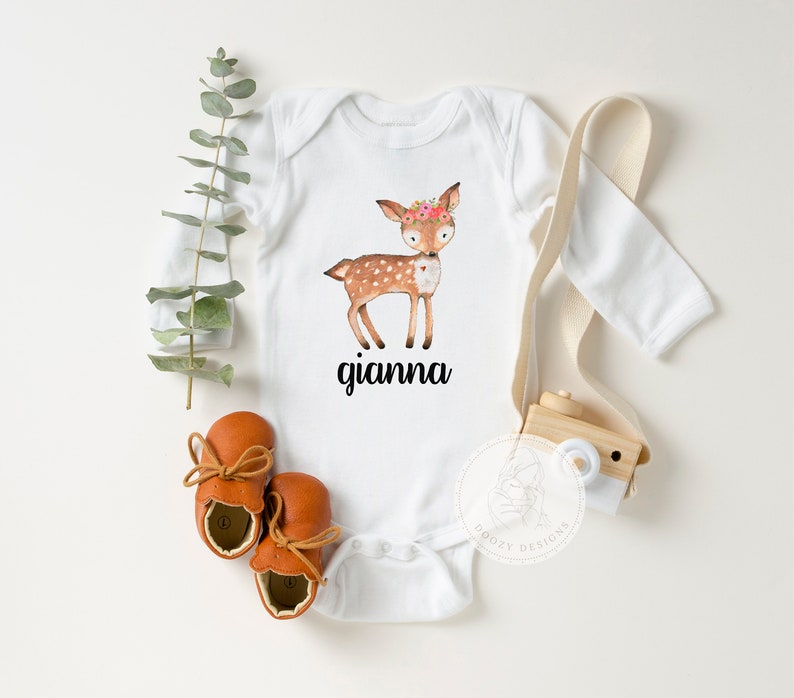 Personalized Baby Girl Bodysuit with name, Deer Shirt for Toddler Girl, Custom Woodland Baby Shower Gifts, Boho Baby Girl Clothes image 2
