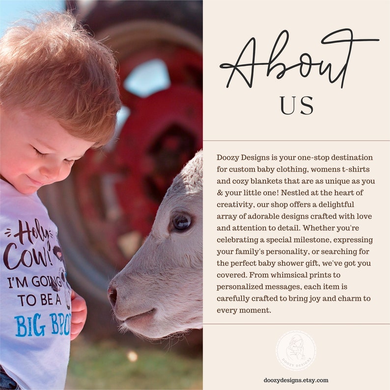 Pode incluir: Um macac&atilde;o branco com o texto "Holy Cow! I'm Going To Be A Big Bro" impresso em preto. Uma crian&ccedil;a pequena vestindo o macac&atilde;o est&aacute; olhando para um bezerro branco.