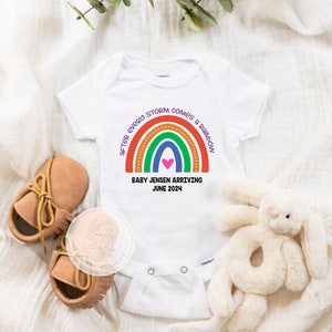 Aangepaste IVF Baby Onesie®, na elke storm komt een regenboog, gepersonaliseerde zwangerschapsaankondiging, zwangerschap na een miskraamaankondiging afbeelding 2