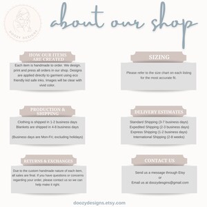 May include: A light pink and white graphic with the text "about our shop" in a light blue cursive font. The graphic is divided into six sections, each with a different heading and text. The headings are "How Our Items Are Created", "Sizing", "Production & Shipping", "Delivery Estimates", "Returns & Exchanges", and "Contact Us".