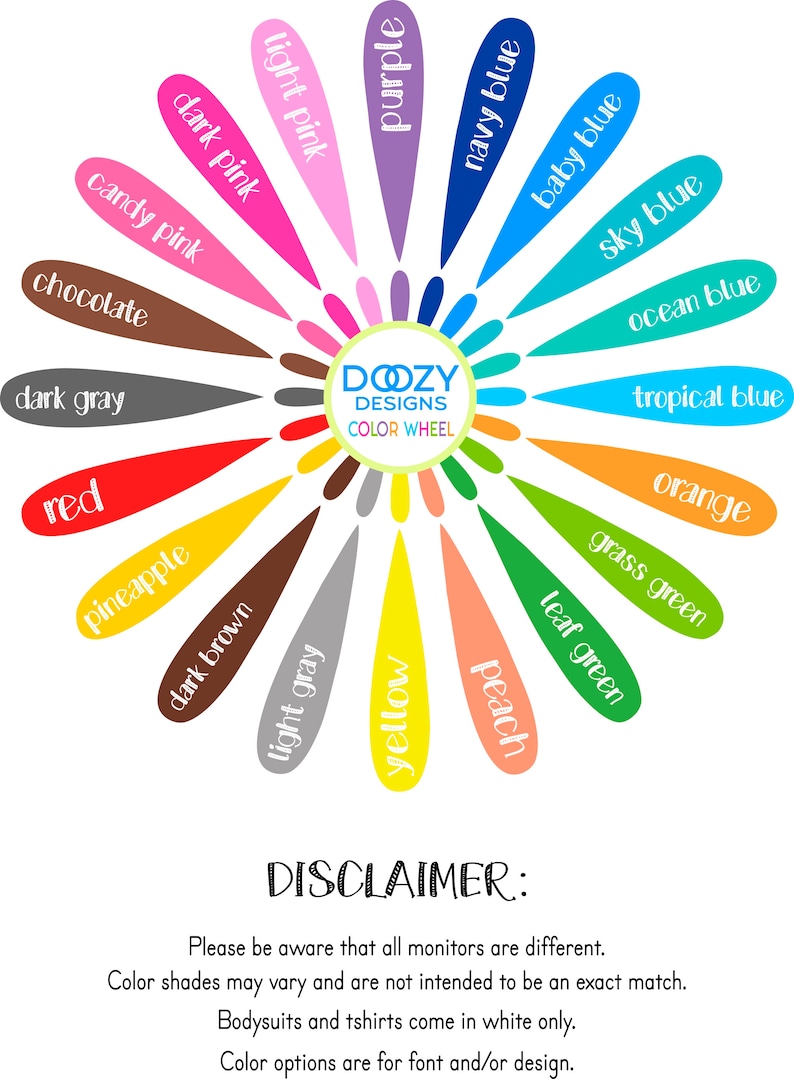 Pode incluir: Uma roda de cores com 18 amostras de cores diferentes, cada uma etiquetada com um nome de cor. A roda de cores &eacute; etiquetada como "DOZY DESIGNS COLOR WHEEL".