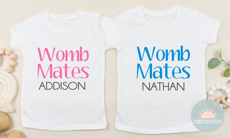 Womb Mates Onesies, Twin Baby Gift, Personalized Twin Outfits image 2