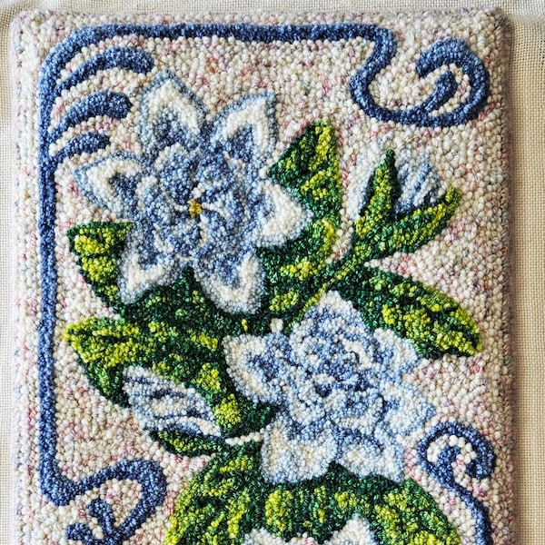 White Gardenia Art Nouveau Floral - Punch Needle Rug Hooking Pattern - Pre-traced on Monk's Cloth