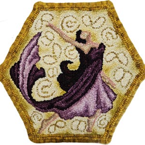 May include: A hexagonal rug with a gold border and a purple and white design of a woman dancing. The background is filled with swirling patterns.
