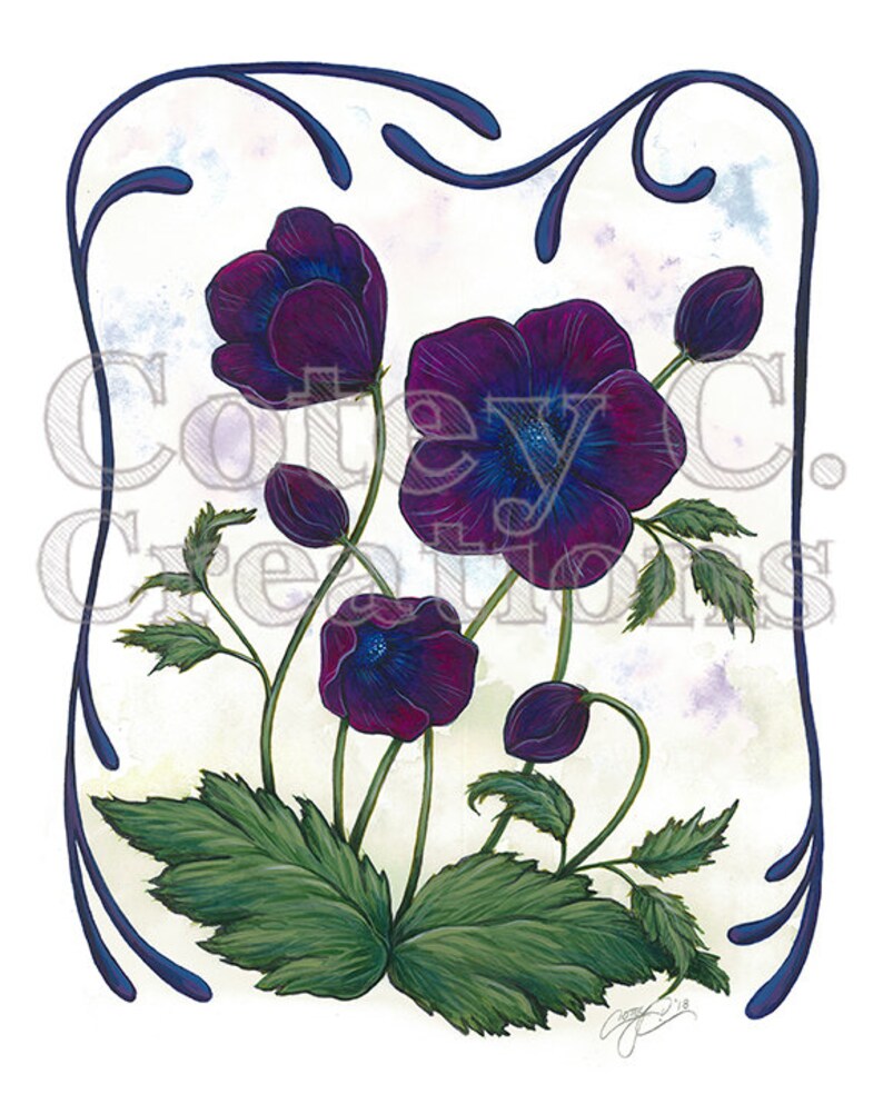 Purple Anemone Windflower Art Nouveau Floral Wall Art image 1