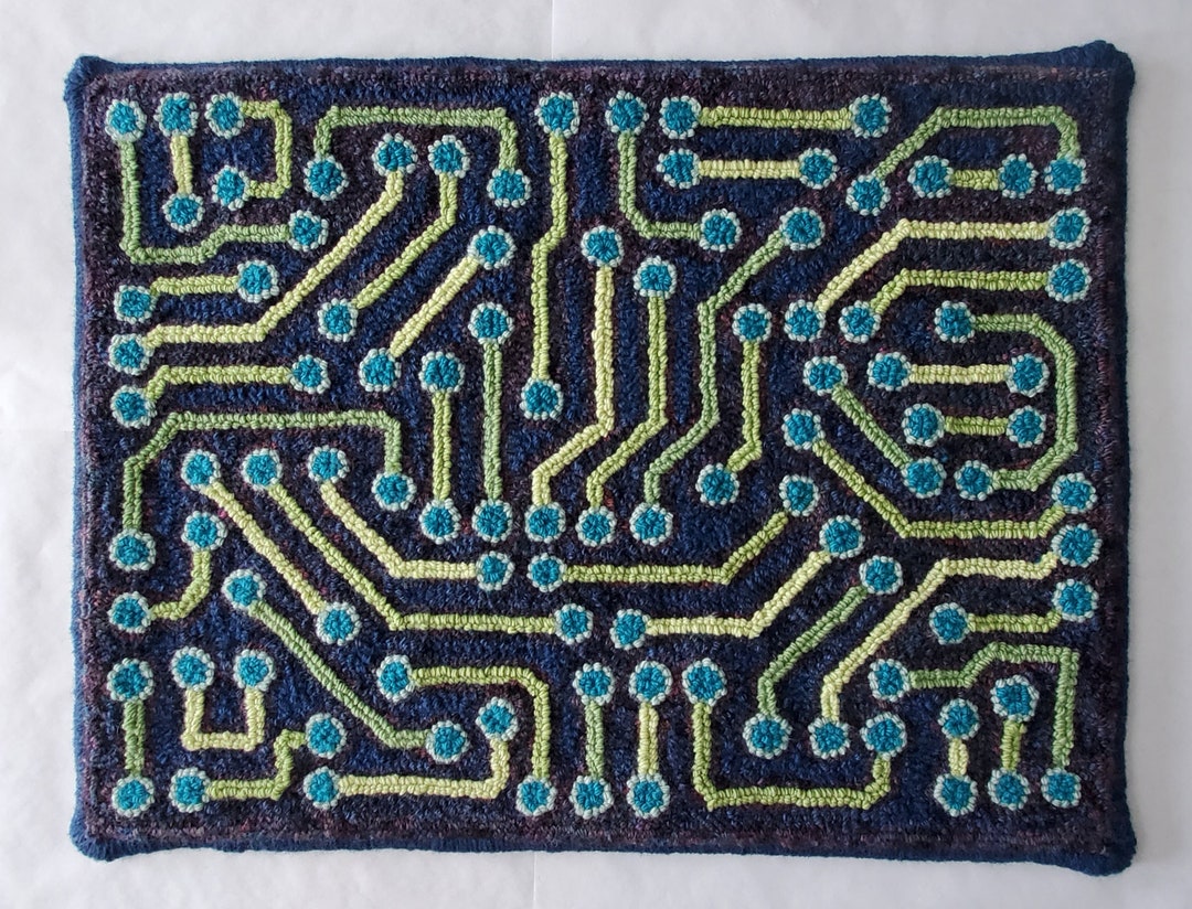 Circuitry in Greens and Blues Textured Punch Needle Rug Hooked Throw ...