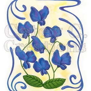 Blue Shift Sweet Pea Art Nouveau Floral Wall Art