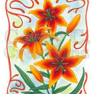Orange Tiger Lily Art Nouveau Floral Wall Art