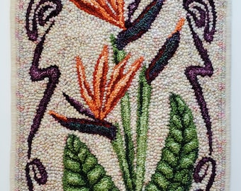 Bird of Paradise Art Nouveau Floral - Punch Needle Rug Hooking Pattern - Pre-traced on Monk's Cloth