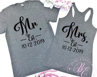 Mrs and Mrs Est. and Date S-2XL - Honeymoon Trip Tees - Newlywed Shirts - Bride and Groom Shirt - Wedding Gift - Couple Tees - Customized