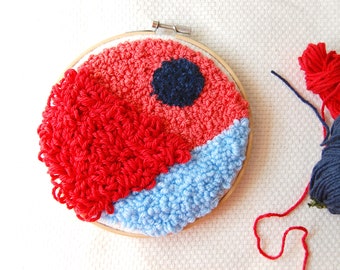 Colorful Handmade Punch Needle Embroidery Hoop Wall Hanging in Puffy, Playful Red, Pink, and Blue Modern Geometric Design Decor