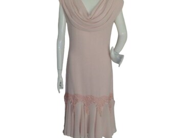 CASADEI Midi Dress, S/6, Pale Pink, VINTAGE, Drape neck, Lace Accent, Tie back